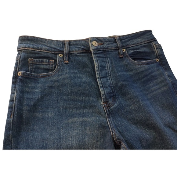 Old Navy Pop Icon Skinny Jeans Denim Button Fly Dark Wash Raw Hem Womens Six - Picture 1 of 11